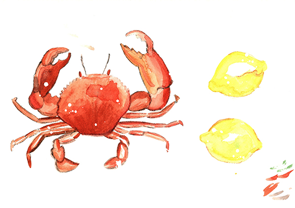 watercolour crab and lemons for crab cake recipe