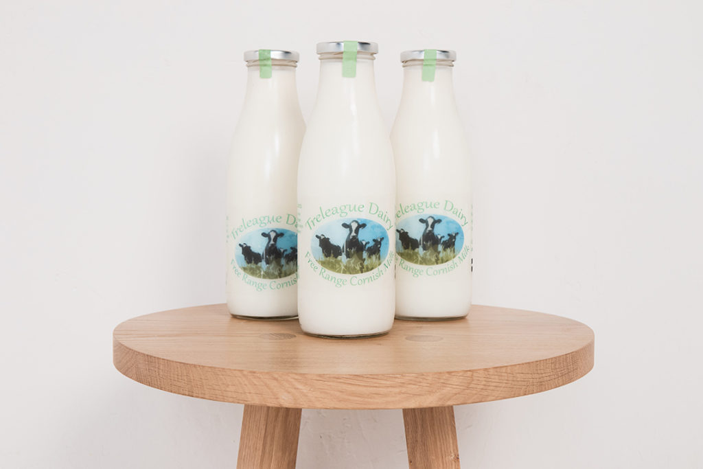 Milk in glass bottles from Treleague Dairy