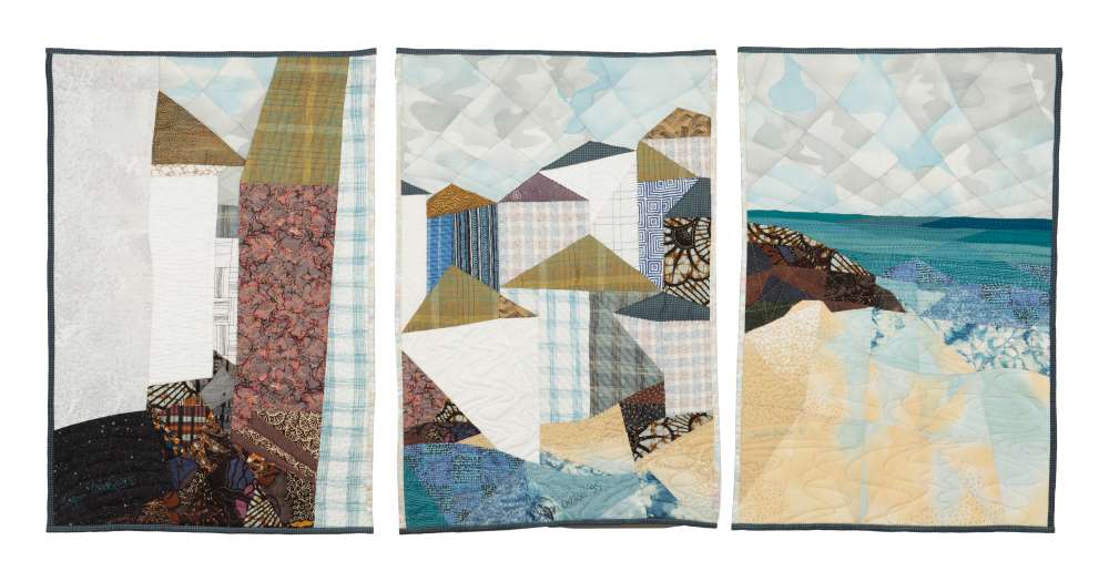 Walks Around St. Ives, each panel of Triptych 41cm x 60cm, made by Susan Denton in 1995 in Saltash, Cornwall. ©The Quilters' Guild Museum Collection