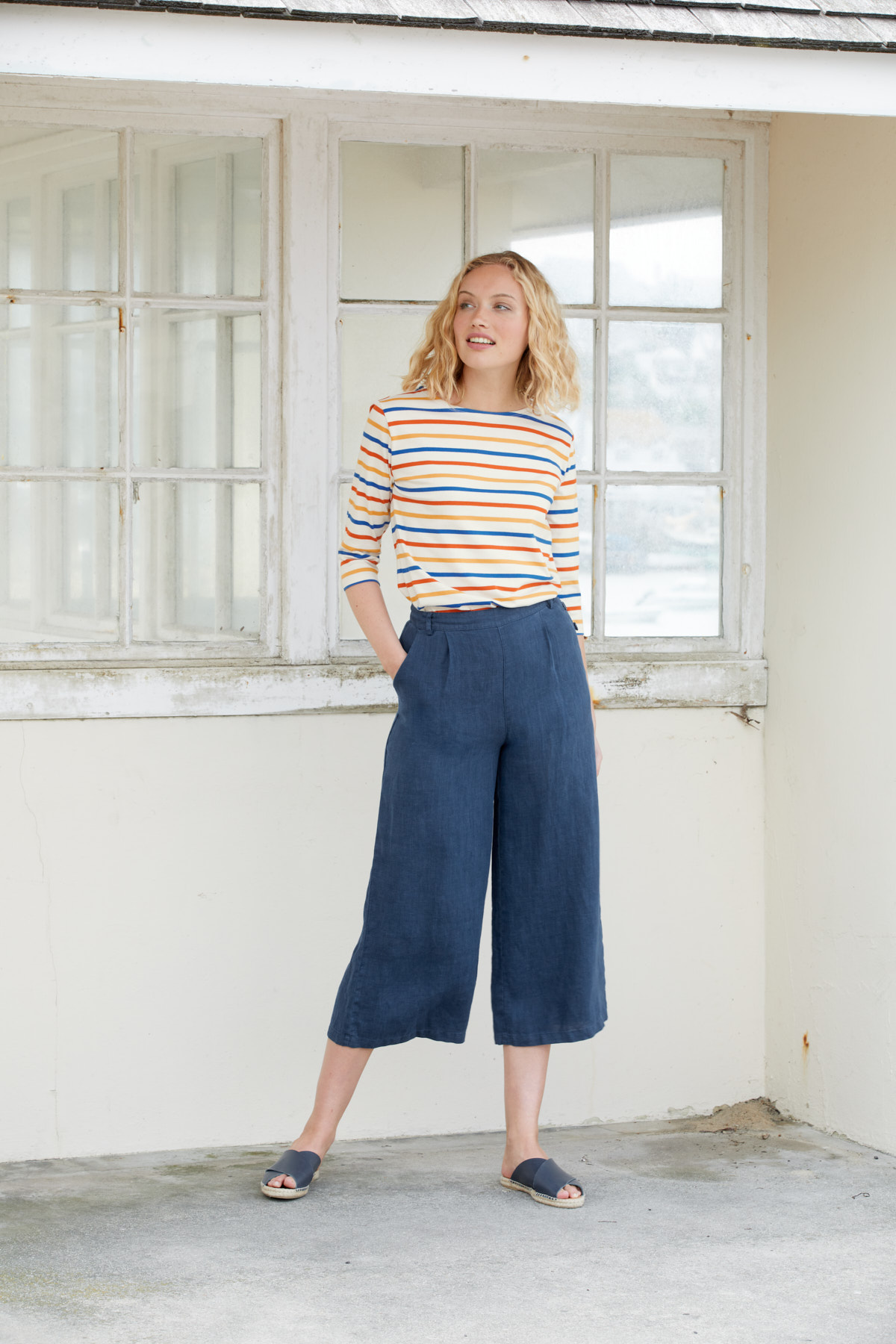 organic cotton sailor striped top with linen wide leg culottes