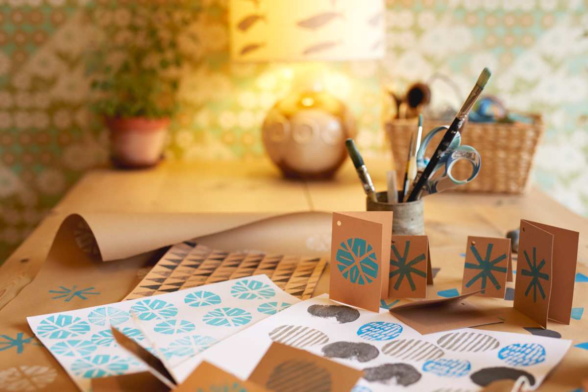 Hand-printed wrapping paper and gift tags using potato prints