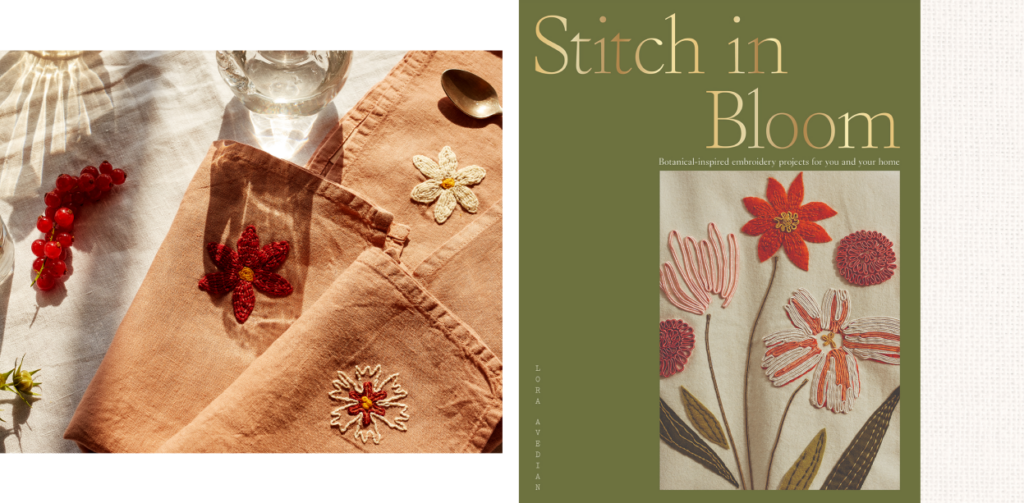 A detail of Lora's floral embroidery; the cover of her book, Stitch in Bloom
