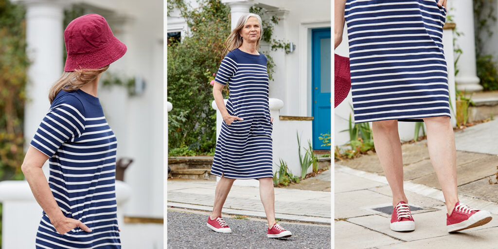 Alyson wears our Sailor Dress, Bucket hat and trainers.