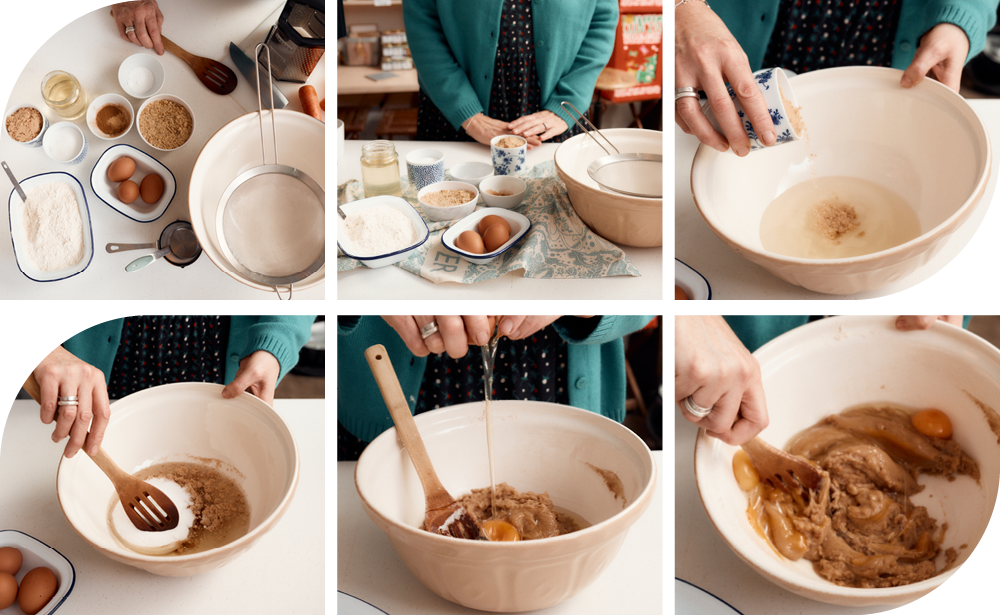Kate prepares her carrot cake ingredients and then mixes in a large bowl