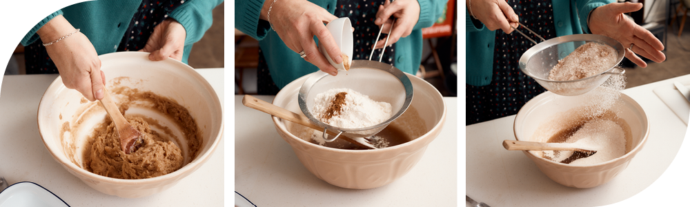 Kate adds flour and spices to the bowl and mixes into the carrot cake batter