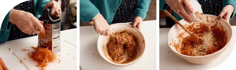 Kate adds grated carrot and walnuts to the carrot cake batter