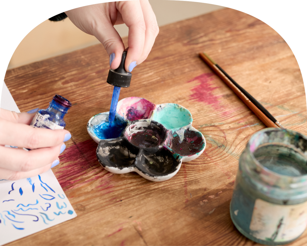 A palette of paints being used by Seasalt print designers