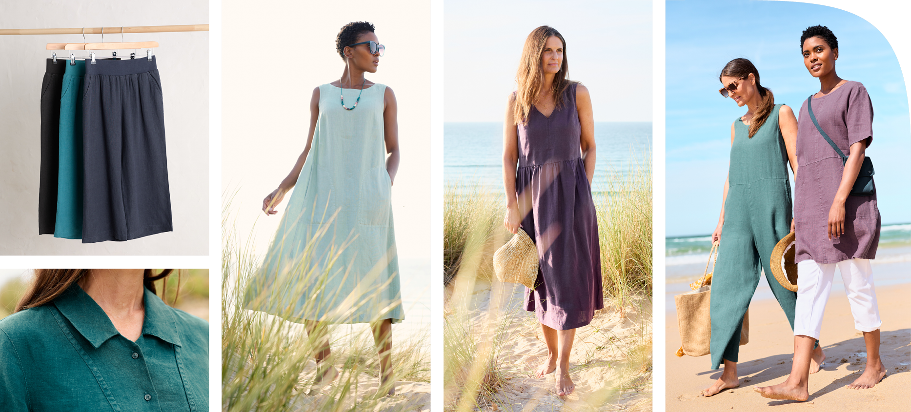 Models wear Seasalt Cornwall's new linen collection on a beach