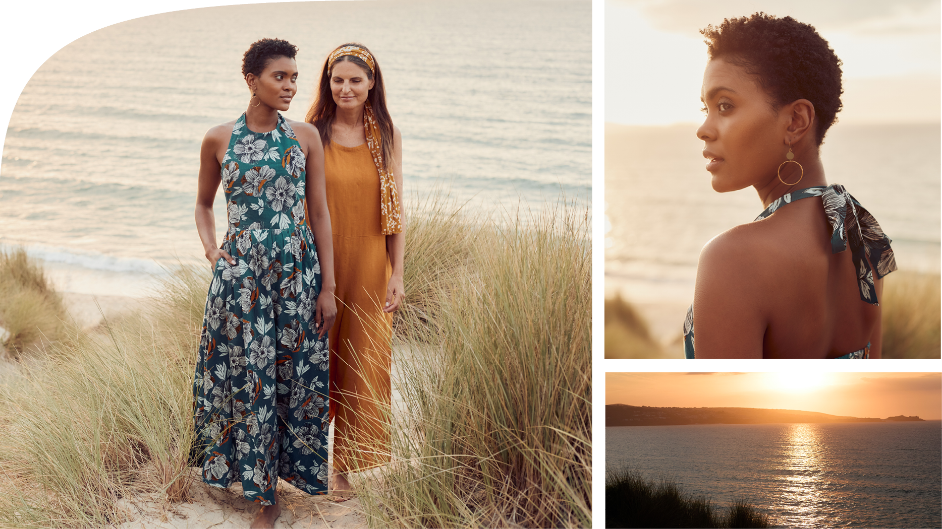 Models wear Seasalt Cornwall's new occasionwear dresses on a beach at sunset