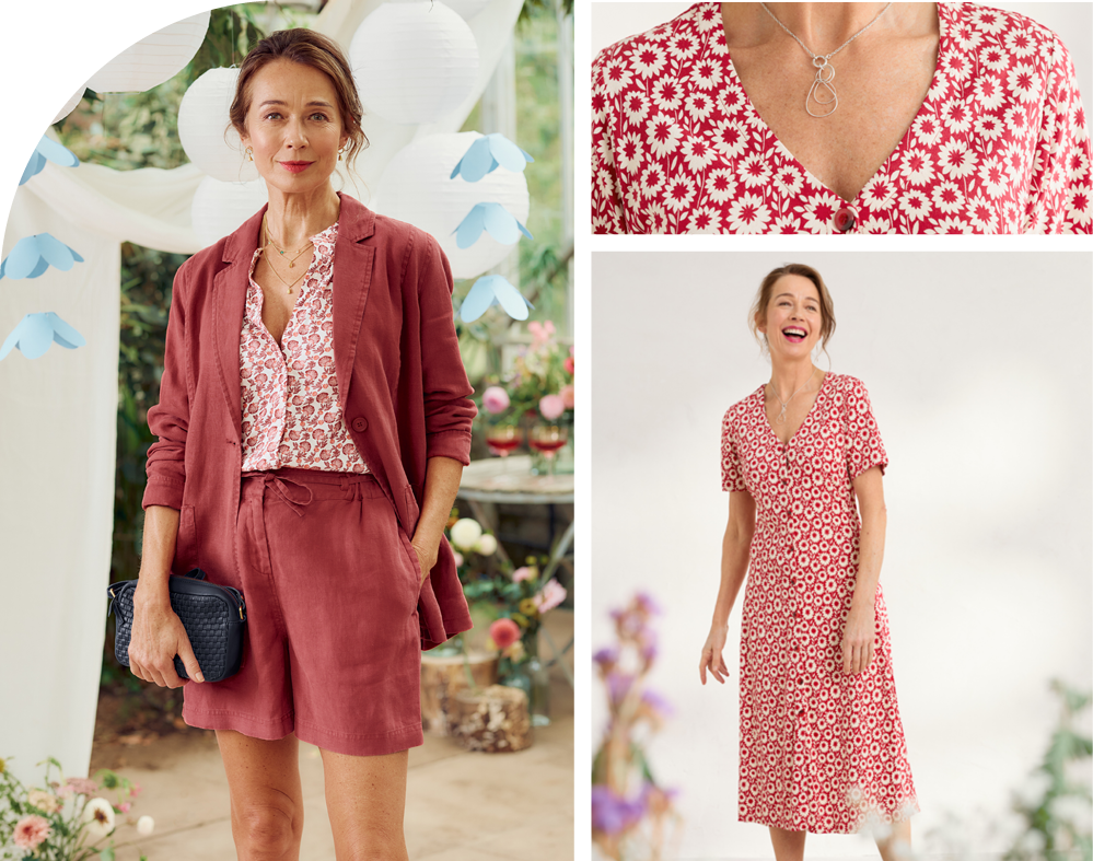 Seasalt occasionwear. Model wears a rose pink linen suit and a floral dress