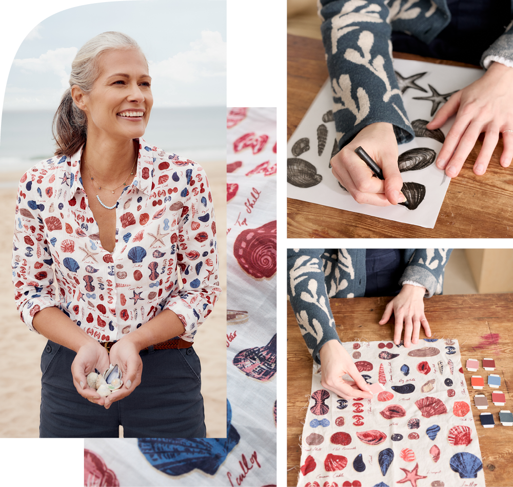 Seasalt Cornwall's Illustrated Shell Collecting Print on a casual Larissa Shirt